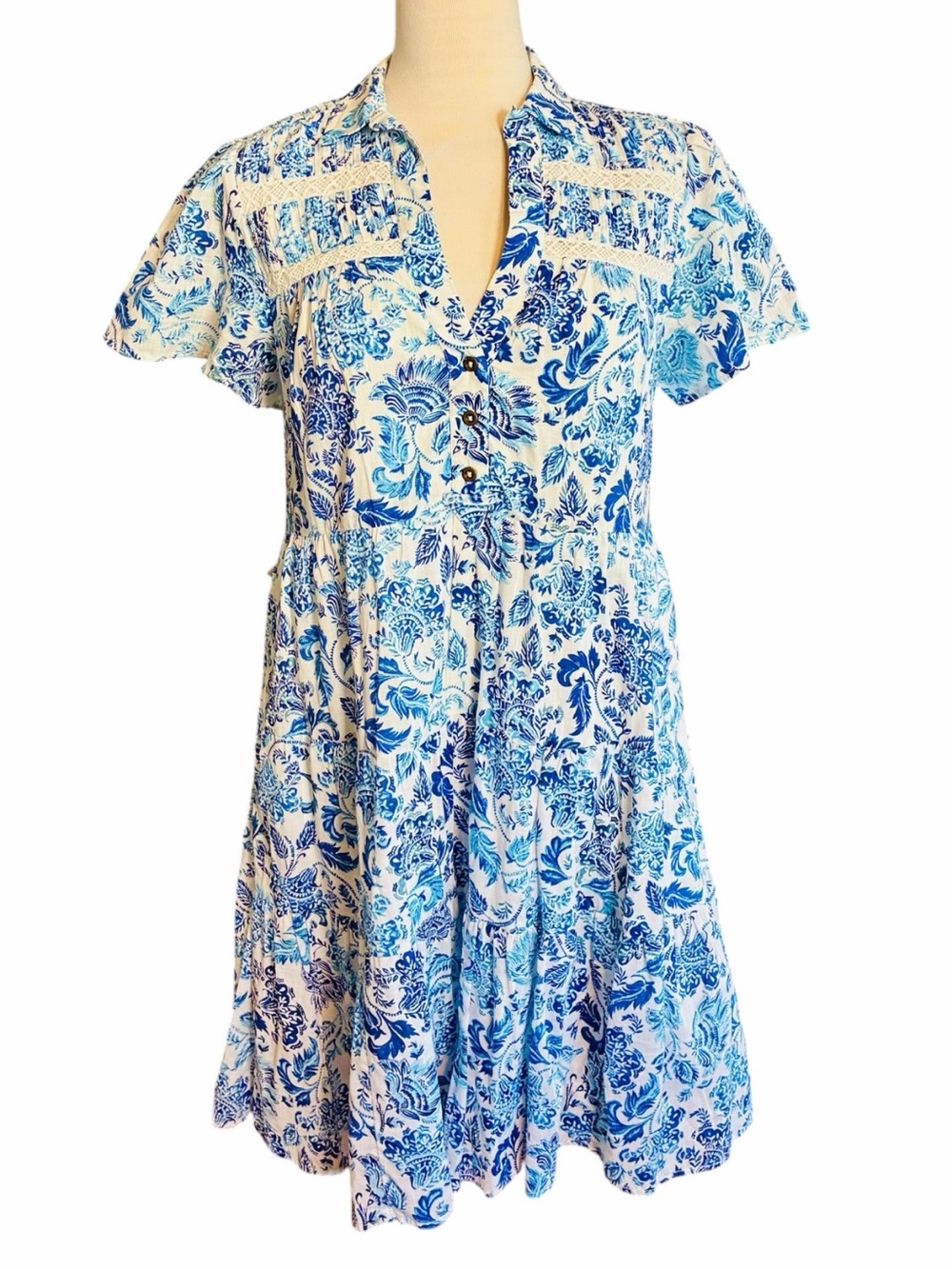 By Anthropologie White and Blue Floral Short Sleeve Dress Cotton Women's US XS